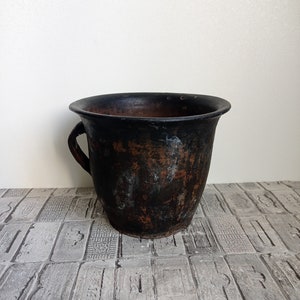 Vintage Black Clay Pot: Rustic Primitive Pottery, 1950s Decor