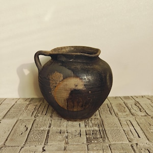 Vintage black clay pot, Old clay pot, Wabi Sabi vessel, Rustic vase, Old black clay vase, Primitive pot