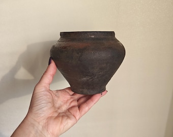 Small Vintage Clay Pot: Rustic Wabi Sabi Vase