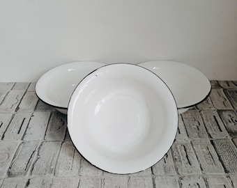 Vintage White Enamel Bowls, Set of 3, Soviet Rustic Decor