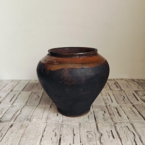Vintage black clay pot, Old clay pot, Wabi Sabi vessel, Rustic clay vase, Old black clay vase, Primitive pot