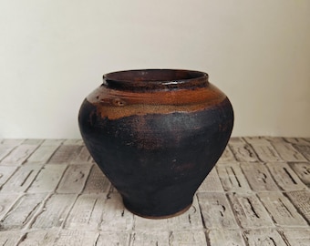 Vintage Black Clay Vase: Rustic Wabi Sabi Vessel