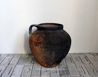 Vintage black clay pot, Old clay vase, Wabi Sabi vessel, Rustic decor, Primitive pot, Old clay vase