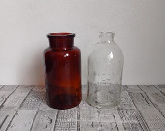 Vintage Brown & Clear Glass Apothecary Bottles: 1960s Pharmacy Decor, Set of 2