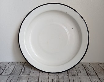 Cuenco vintage de esmalte blanco, bandeja grande de metal, decoración de cocina de la URSS