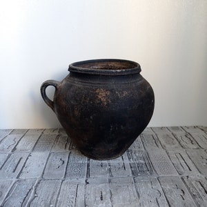Vintage Black Clay Pot: Rustic Wabi Sabi Vase