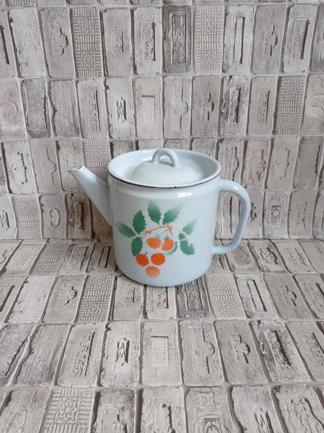 Vintage Blue Enamel Teapot, Soviet Enamel Kettle, Rustic Metal Watering