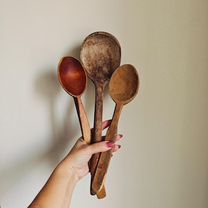 Könnte beinhalten: Drei Holzlöffel in verschiedenen Größen und Brauntönen werden vor einem neutralen Hintergrund gehalten. Die Löffel variieren in der Farbe von einem tiefen Rotbraun bis zu einem helleren, natürlichen Holzton. Die Löffel sind wahrscheinlich zum Kochen.