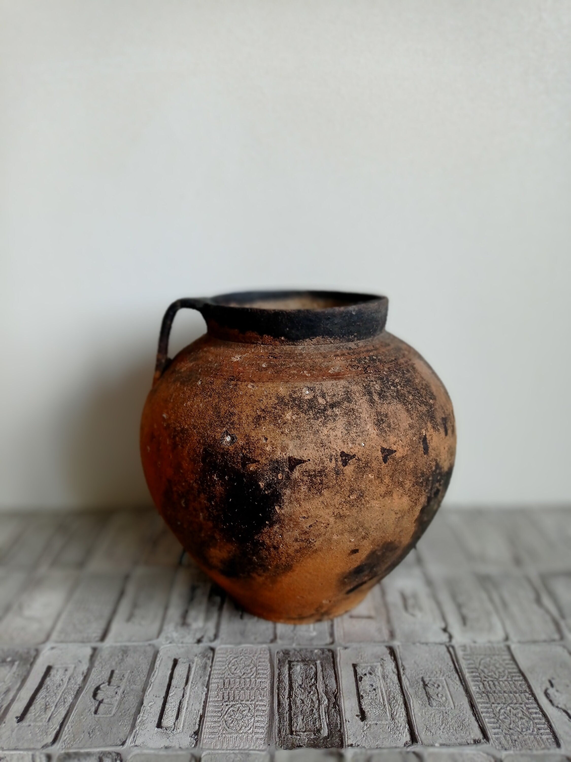 Vintage black clay pot Primitive black pot Old red clay pot Etsy