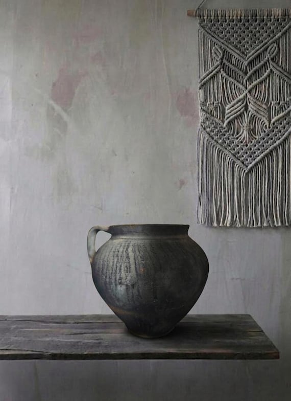 Large Black-Smoked Clay Vase: Wabi Sabi Rustic Pottery