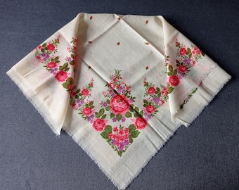 Vintage Ukrainian Floral Shawl, Babushka Scarf, USSR 1960s