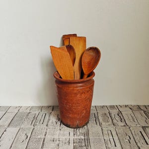 Vintage Red Clay Vase: Rustic Kitchen Utensil Holder, Wabi Sabi Decor