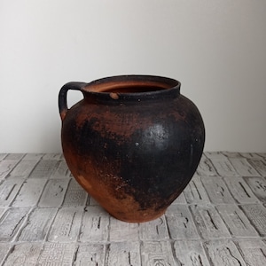 Vintage Black Clay Pot: Rustic Wabi Sabi Vase, 8.26&quot;