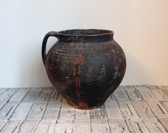 Vintage black clay pot, Old clay pot, Wabi Sabi vessel, Antique vessel, Primitive pot, Rustic vase