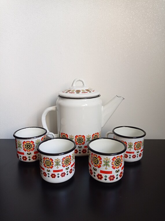 Rare Vintage Enamel Coffee Set Soviet Enamelware Enamel Tee Etsy