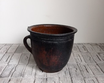 Pot vintage en argile noire : vase rustique Wabi Sabi