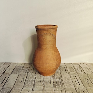 Op de afbeelding: Een terracotta vaas met een rond lichaam en een smalle hals. De vaas heeft een rustieke, aardse uitstraling.