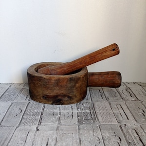 Vintage Hand Carved Wooden Mortar and Pestle: Rustic Wabi Sabi Decor