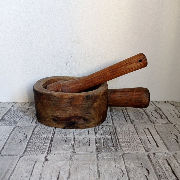 Primitive wooden ladle, Vintage hand carved wooden mortar with pestle,  Wabi Sabi decor, Old wooden scoop, Rustic decor