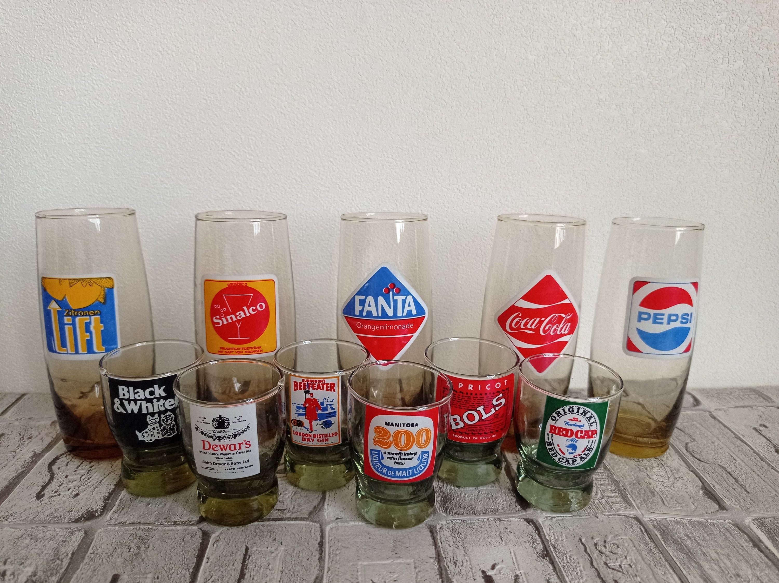 Very rare vintage set of 11 shot glasses with names of drinks, Old