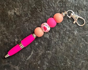 Beaded Keychain Pen - Clip On Black Ink Twist Pen