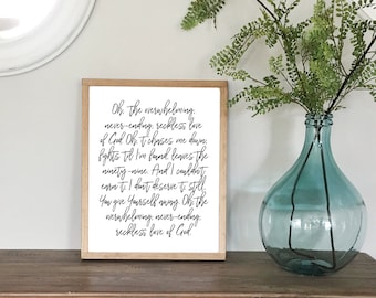 Reckless Love Printable; Custom Prints; Overwhelming Never-Ending Reckless Love of God; Wall Art, Worship Song Printable, Printable Art