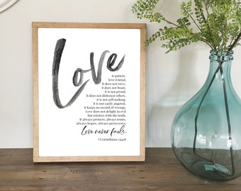 Bible Verse Printable, Corinthians 13:4-8, Love, Love is Patient, Love is Kind, Love Never Fails, Bible Verse Wall Art, Scripture Printable