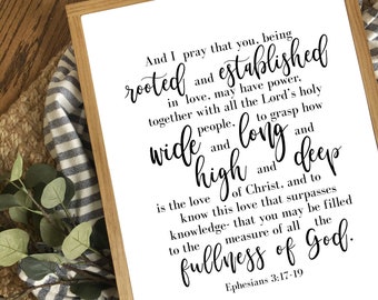 Bible Verse Printable, Ephesians 3:17-19, Fullness of God, Bible Verse Wall Art, Scripture Printable, Printable Art