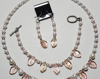 Pink and Pearl necklace, bracelet and earring set