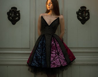 Gothic Fantasy Kleid Korsett, Haute Couture Gothic Feen Kleid, Schwarz und Lila Hochzeitsgast Kleid, Dunkelelfen Samt Kleid Unikat