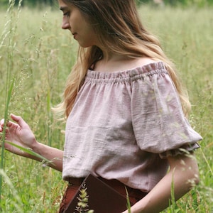 READY TO SHIP Cotton Off Shoulder Blouse Puff Sleeve Top Cottagecore Women Shirt Handmade Rustic Soft Fabric Summer Fashion Gift for Her