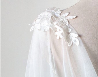 Tulle infinity boho bridal cape with lace, Natural white draped wedding cape veil, Huge sheer bridal cloak cover up for elvish wedding dress