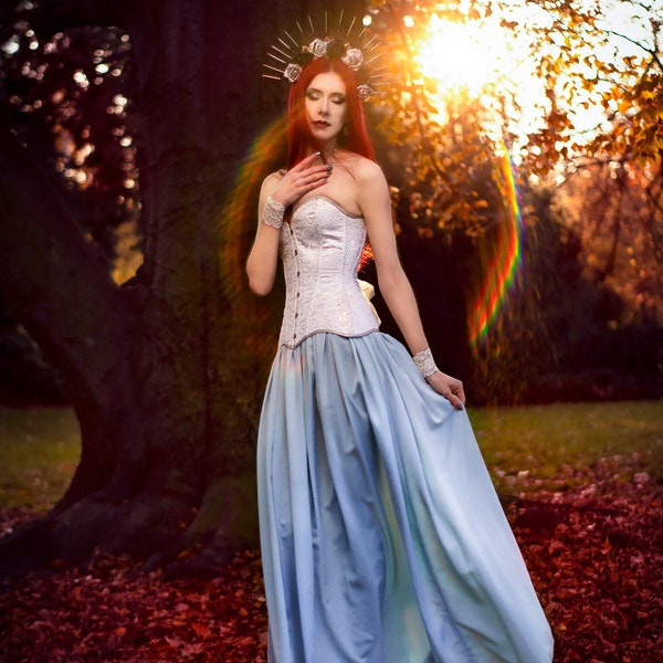 Robe de bal corset fantastique, robe fae bleue et argentée, robe de mariée mythique, robe de mariée princesse elfe, robe de costume de fée des bois