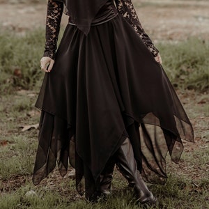 Pointy witchy skirt, Layered black chiffon skirt, Full circle asymmetric skirt, Floaty pagan skirt, Gothic fae skirt, Alternative wedding image 1