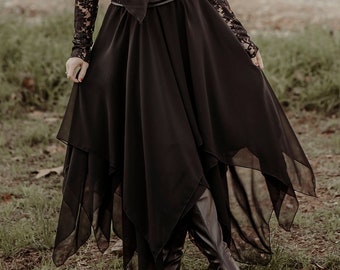 Pointy witchy skirt, Layered black chiffon skirt, Full circle asymmetric skirt, Floaty pagan skirt, Gothic fae skirt, Alternative wedding