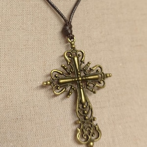 Gothic cross necklace, Antique gold pendant, Large cross pendant, Steampunk costume, Goth accessory, Dark academia choker, Unisex gift cross