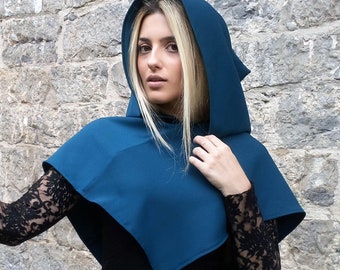 Forest pixie hood cape, Dark fairy capelet, Teal short cape, Green witch costume, Cloak for larp cosplay, Pointed hood for renaissance party