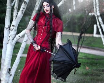 Dark Red Gothic Vampire Wedding Dress - Corseted Ball Gown for an Eternal Elegant Look