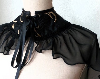 Elegant Victorian Black Chiffon High Neck Capelet - Statement Accessory for a Timeless Look