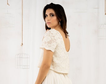 Elegant Ivory Lace Crop Top for Sustainable Wedding or Elopement