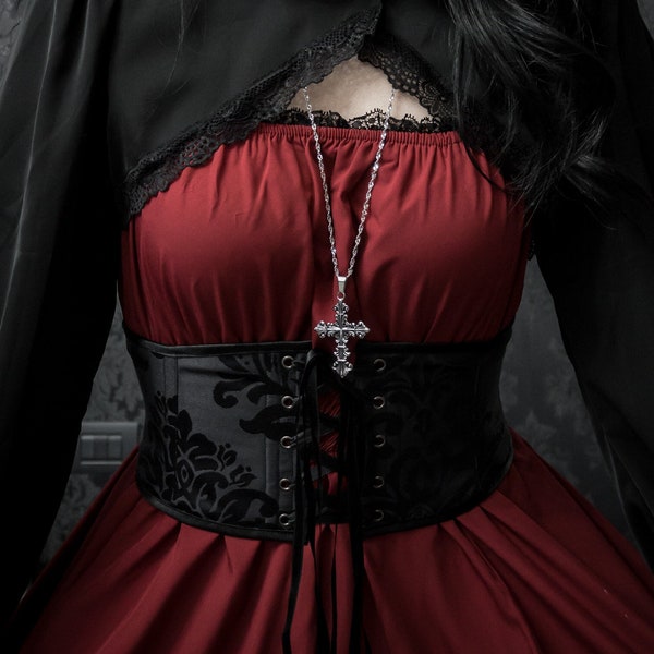 Black waspie corset belt, Gothic waist cincher belt, Medieval pirate corseted waspie belt, Goth viking costume underbust belt obi
