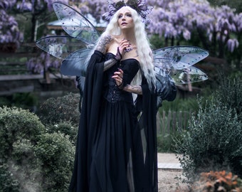 Enchanted Dark Fairy Gown with Long Sleeves - Fantasy Couture Dress for Magical Events