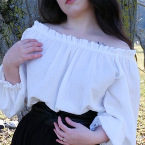 Handmade Renaissance Style Long Sleeve Blouse Organic Cotton, Puff Sleeves Off white