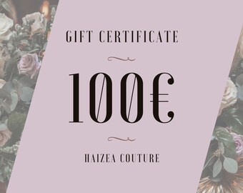 100 euros gift certificate from Haizea Couture, Electronic gift certificate for bride to be, A gift for you, Last minute gifts from mom