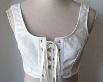 Regency short stays, Historical undergarments, White brocade regency stays, Front lacing bustier, Renaissance bustier empire stay