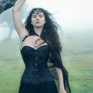 Brocade overbust corset top for black bridal dress, All black bride separates gothic elopement, Dark romantic bustier for halloween wedding