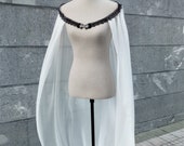 Ivory chiffon bridal cape for elven bride costume, Black and white medieval elf wedding cloak, Viking princess long cape for wedding elope