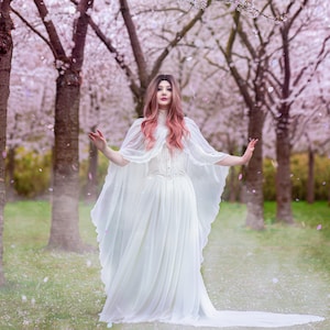 Elven wedding dress with cape, Magic white elf dress, Elven wedding gown, Beltane wedding dress, Elfic dress for women Made to order costume