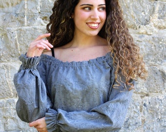 Handcrafted Pagan Blouse in Grey Cotton - Stylish Long Sleeve Top for Boho Goddesses