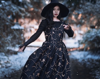 Elegant Goth Ball Gown - Black Taffeta with Intricate Embroidery, Perfect for Witchy Vibes